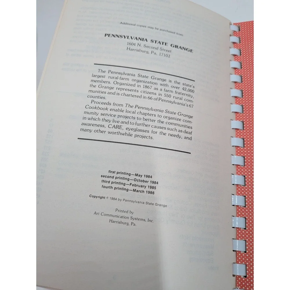 Vintage Pennsylvania State Grange Cookbook 1500+ Recipes 1986 Spiral Bound PA
